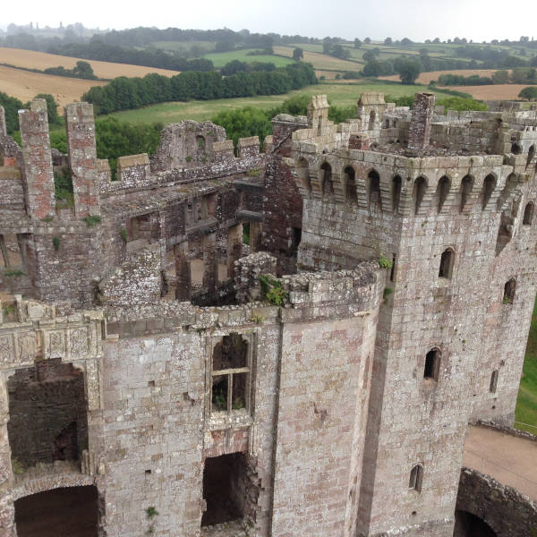 image shows: Raglan Castle seen from its highest viewpoint