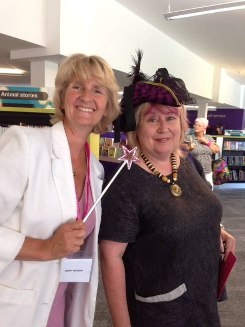 image shows: Jenny Barden and Janet Gover at Wellington Library