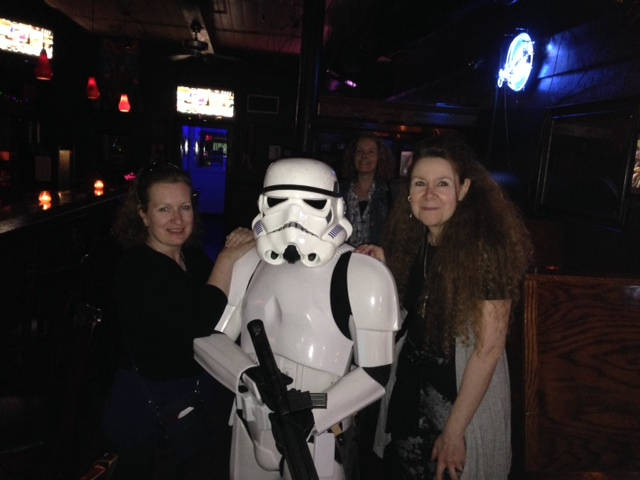 image shows: With Sue Moorcroft and a Storm Trooper in a bar (of course)